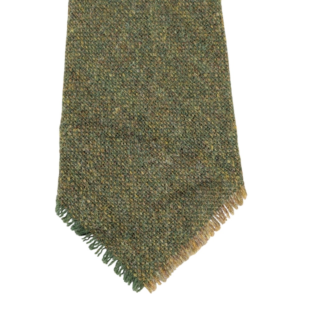 VTG Mens Pure New Wool Tie Scottish Tweed Olive Green Fringed Scotland 53.5x4